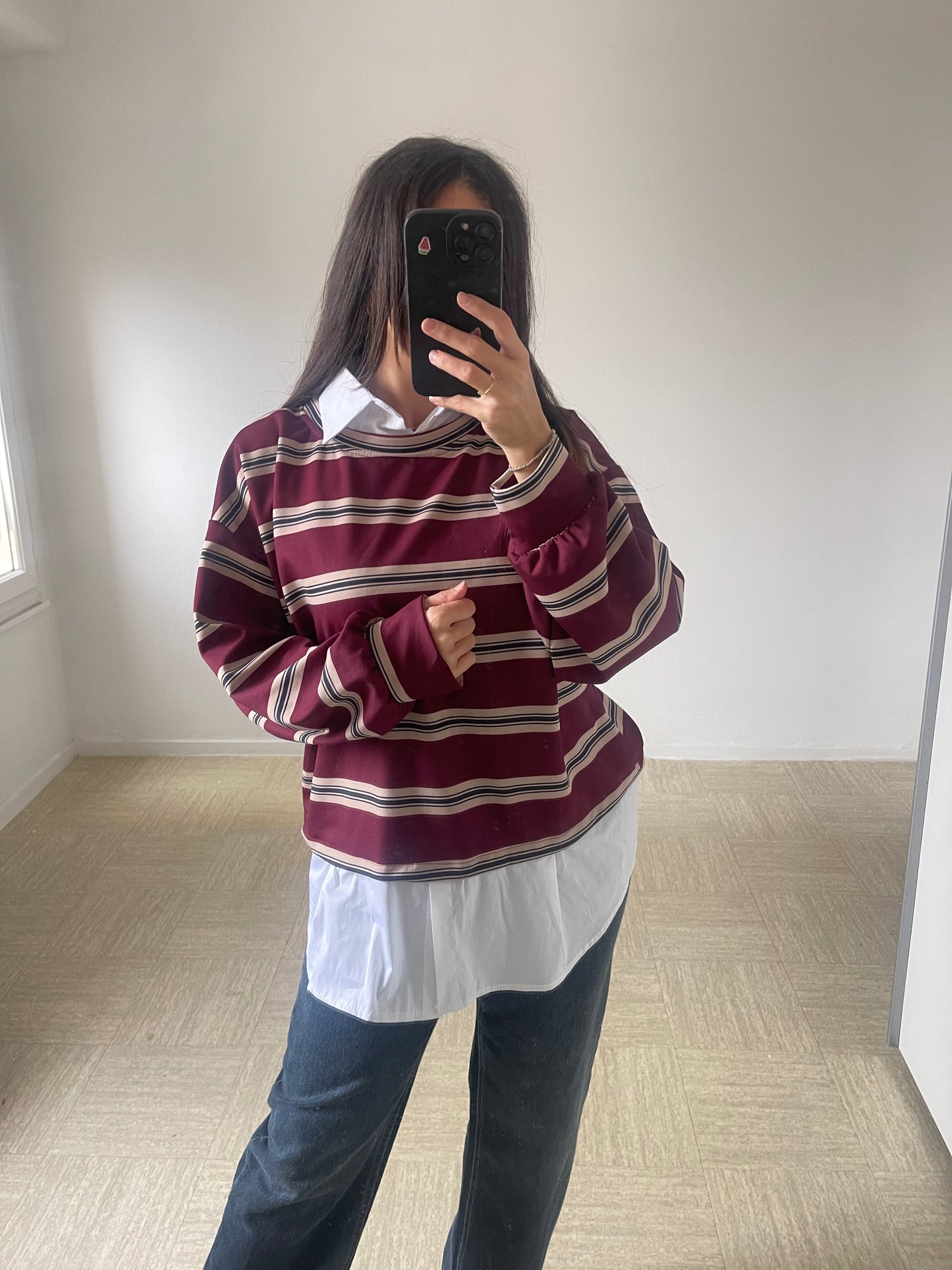 Pull chemise rayé [ bordeaux ]