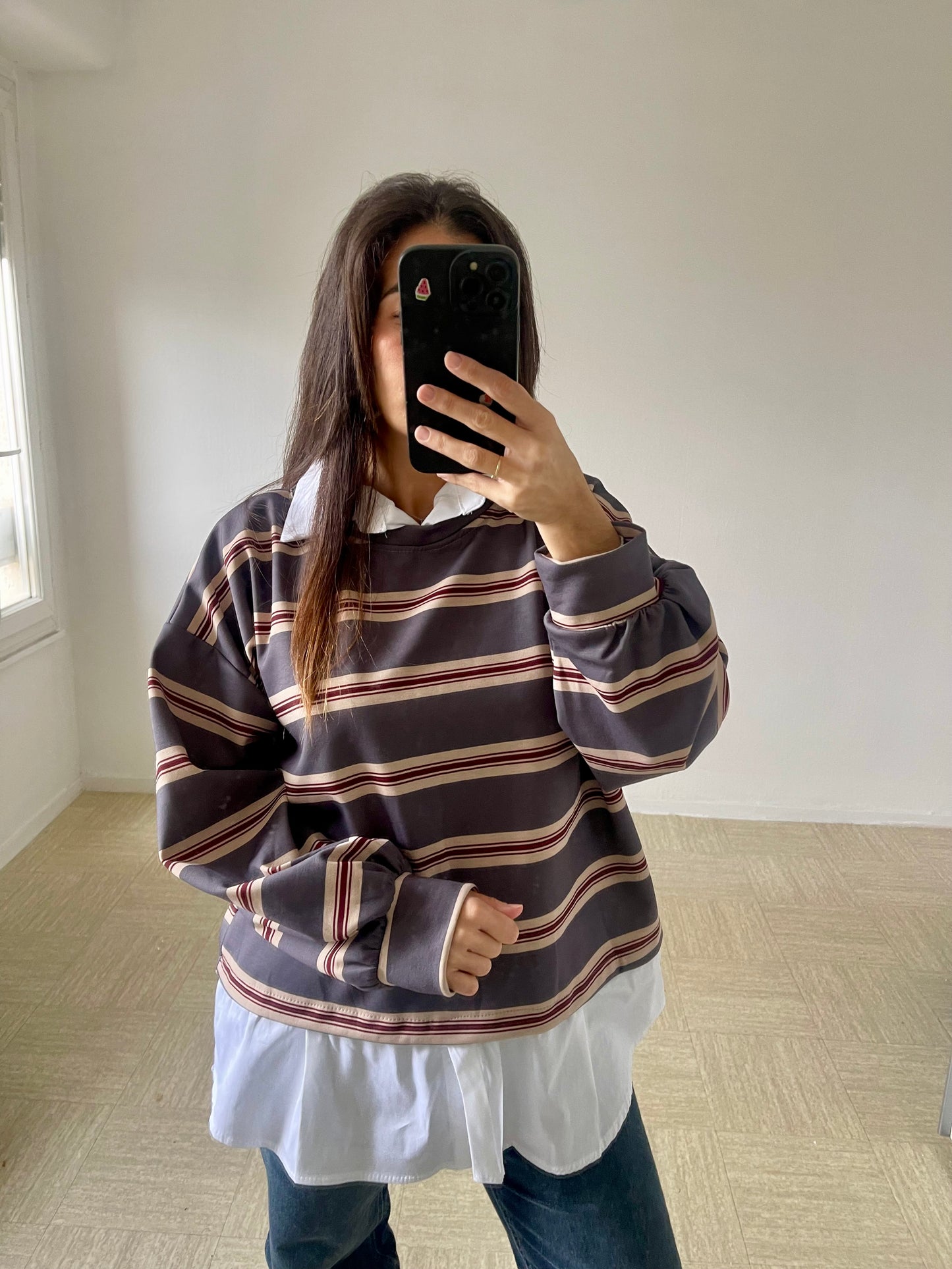 Pull chemise rayé [ gris chiné ]