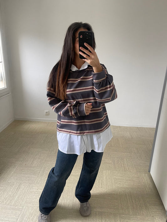 Pull chemise rayé [ gris chiné ]