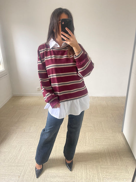 Pull chemise rayé [ bordeaux ]