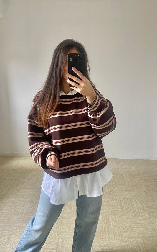 Pull chemise rayé [ Marron ]